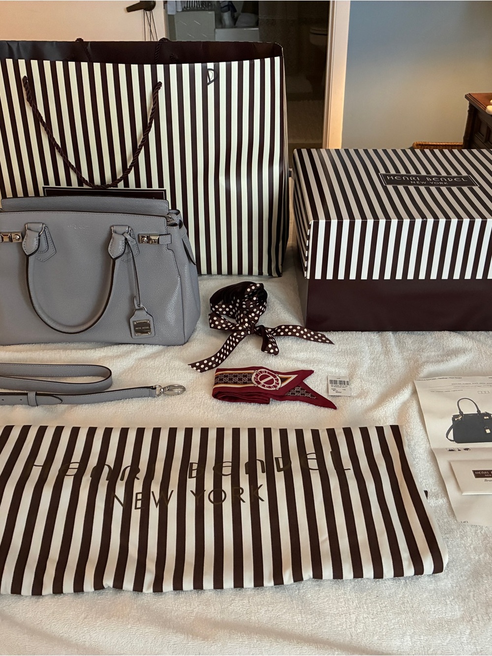 Henri Bendel Carlyle Satchel Gray Leather + Scarf Full 5th Ave Set